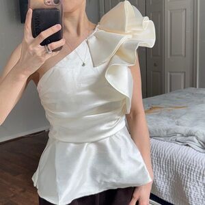 Showpo Cream Satin One-Shoulder Top